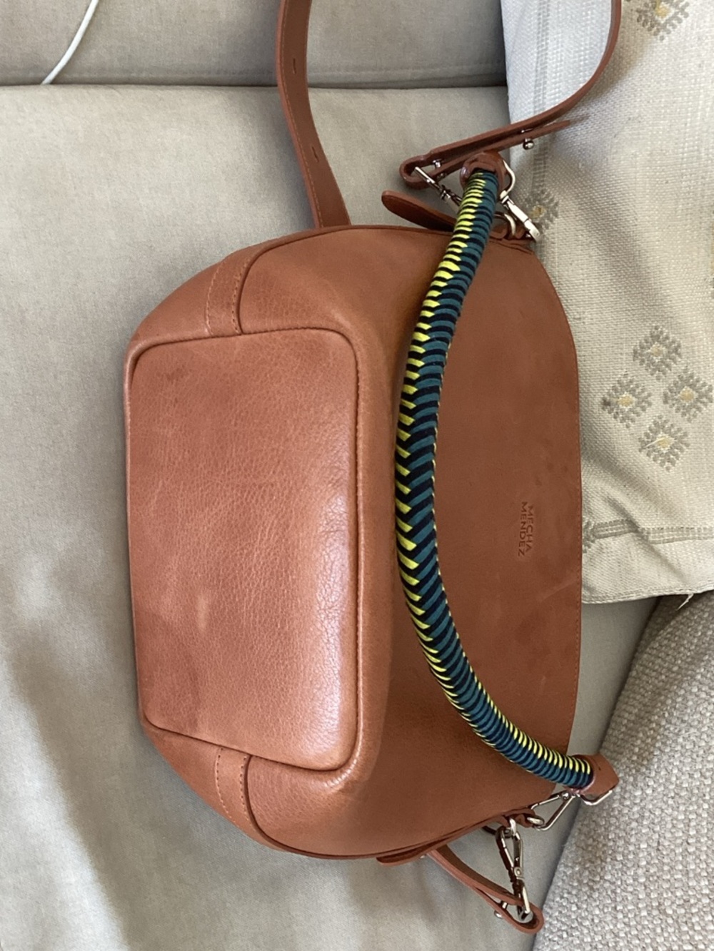 Mecha Mendez Cognac Leather Shoulder Bag with Braided Navy & Neon Handle - Picture 11 of 11